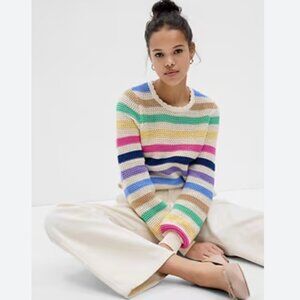 Gap	| Bold Rainbow Stripe Crochet Crewneck Sweater Cotton | Size	XS